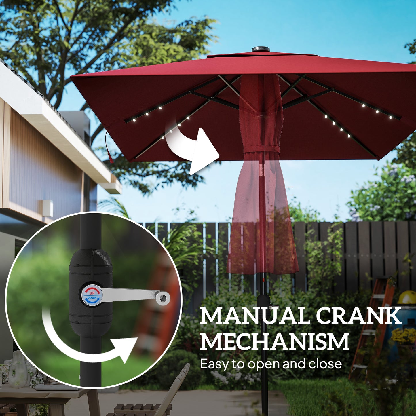 Outsunny 6' x 10' Patio Umbrella with 22 LED Solar Lights and Tilt, Rectangular Outdoor Table Umbrella with Crank, Beige