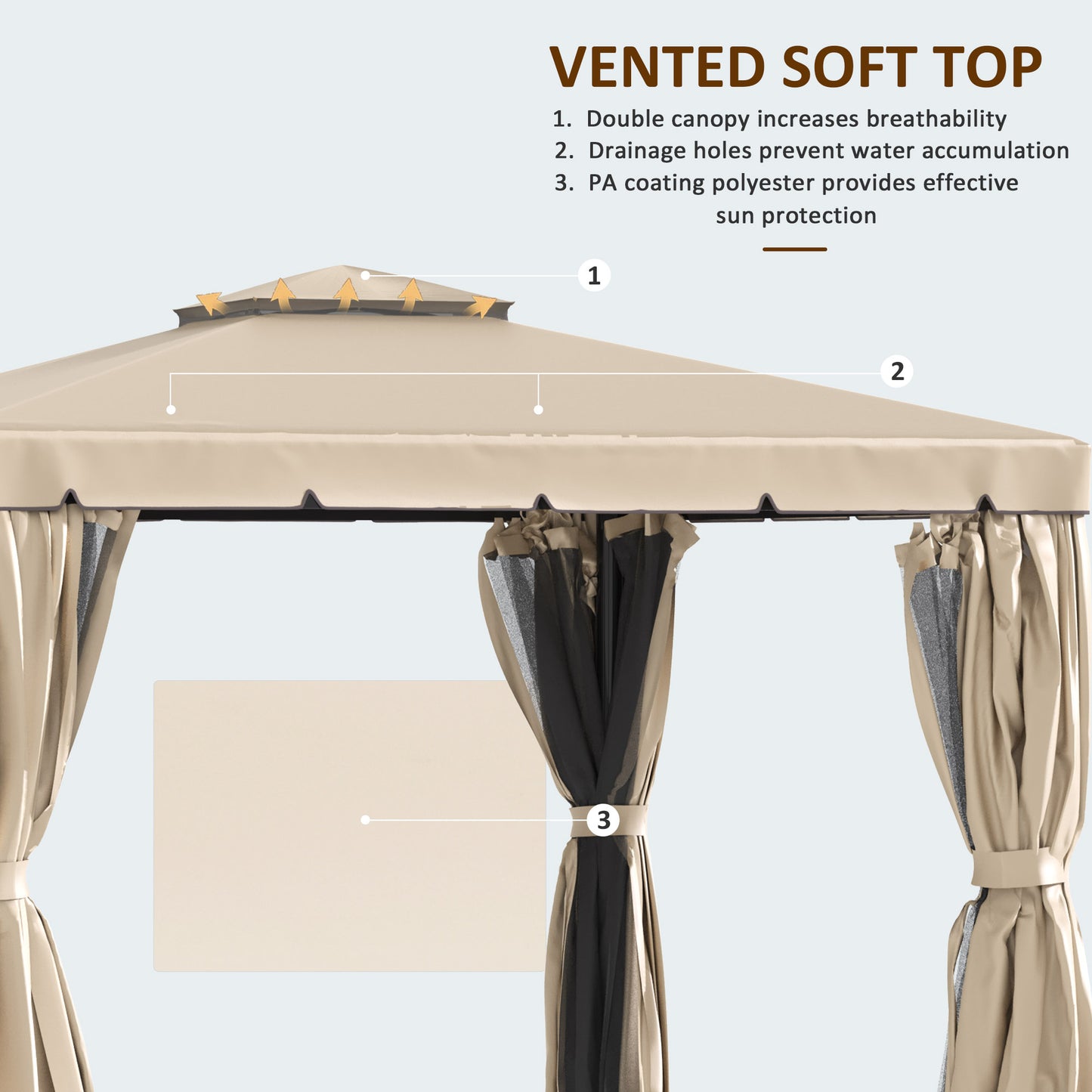 Outsunny 10' x 10' Outdoor Patio Gazebo Double Soft-top Garden Shelter Tent with Curtains, & Mesh Screen Drapes, Brown