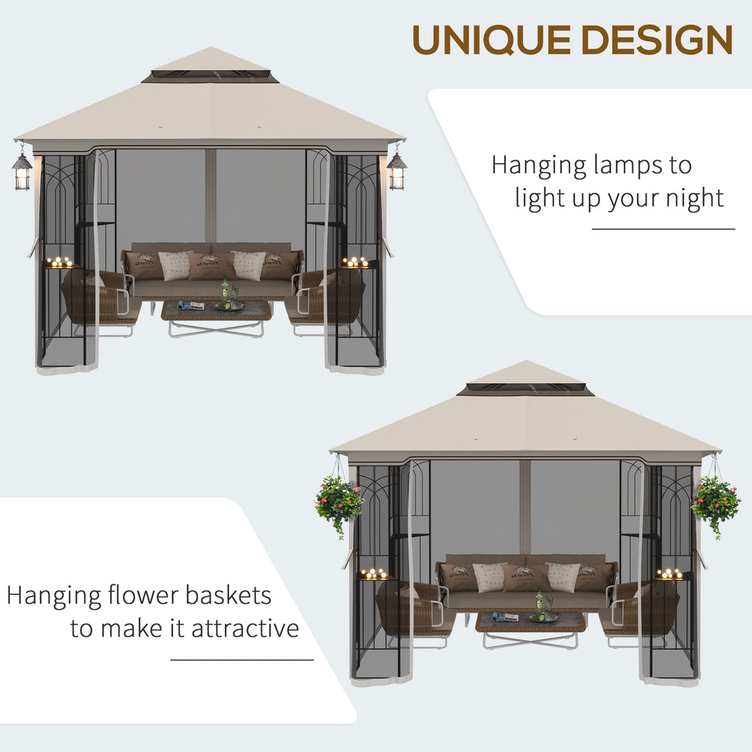 Outsunny 10'x10' Soft-top Patio Gazebo with Double Tier Roof, Mesh Curtains, Display Shelves, Top Hooks, Coffee