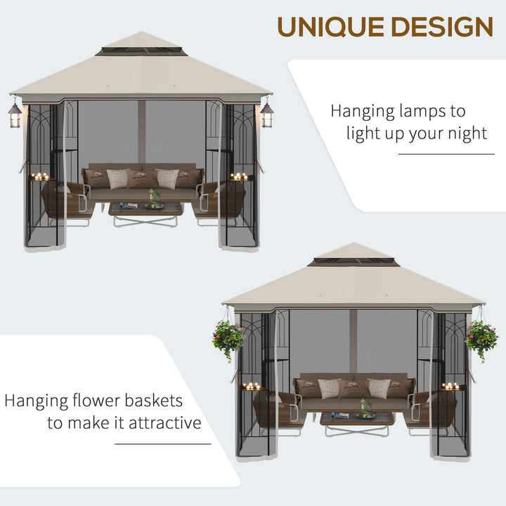 Outsunny 10'x10' Soft-top Patio Gazebo with Double Tier Roof, Mesh Curtains, Display Shelves, Top Hooks, Coffee