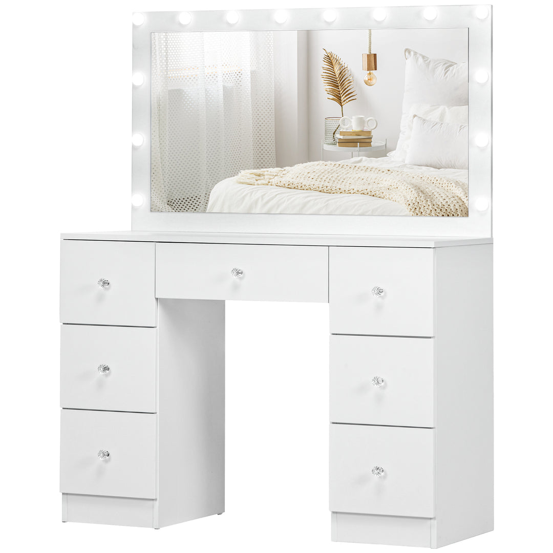 HOMCOM Makeup Vanity Table, Dressing Table with Mirror and Lights, Modern Makeup Table with 7 Drawers and 10 LED Lights, White