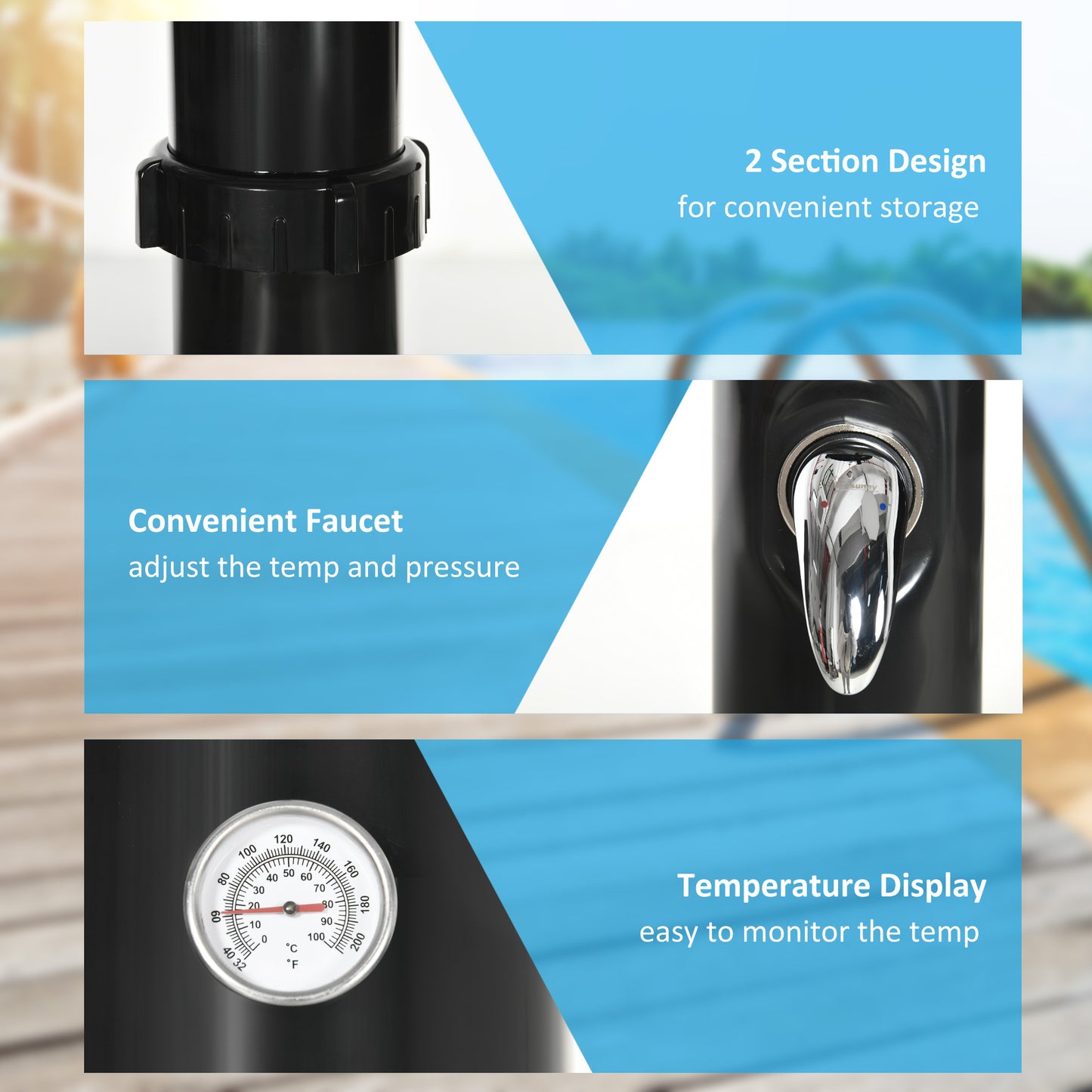 Outsunny 5.3 Gallons Solar Shower with Rotating Rainfall, Temperature Adjustment, 2 Section Outdoor Shower for Backyard, Black