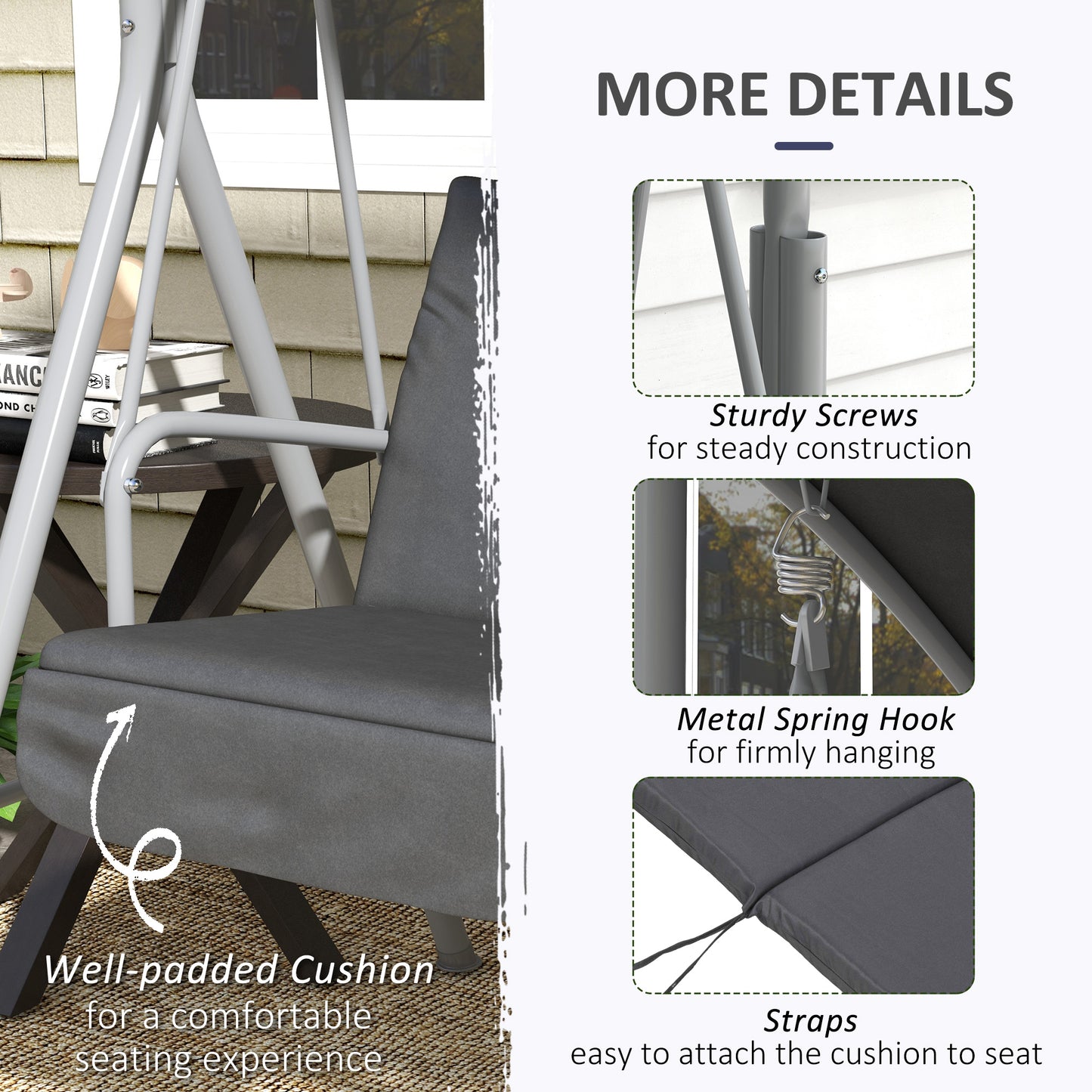 Outsunny 2-Seater Outdoor Porch Swing with Adjustable Canopy and Table, Patio Swing Chair for Garden, Poolside, Backyard, Grey