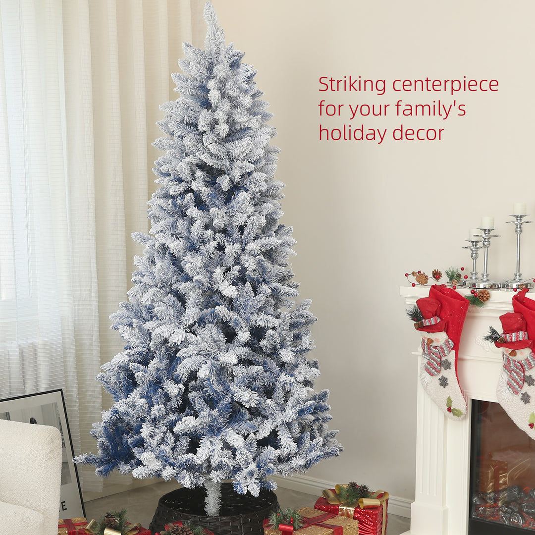 HOMCOM 7ft Flocked Blue Christmas Tree, Artificial Christmas Tree with Hinged Design, Faux Snow, for Home Office Holiday Xmas