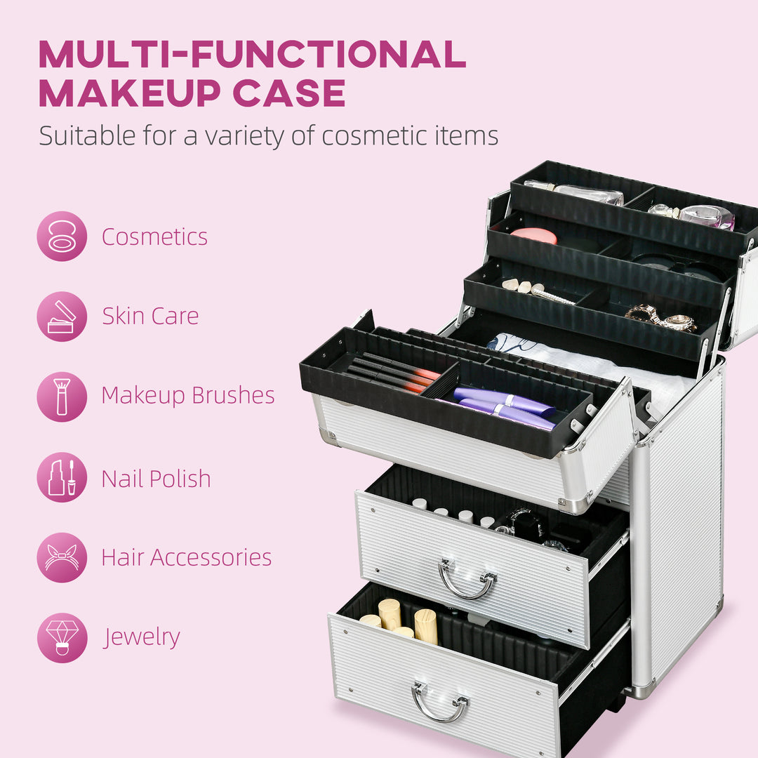 HOMCOM Rolling Makeup Case, Large Storage Cosmetic Trolley, Lockable Traveling Cart Trunk with Folding Trays, Swivel Wheels