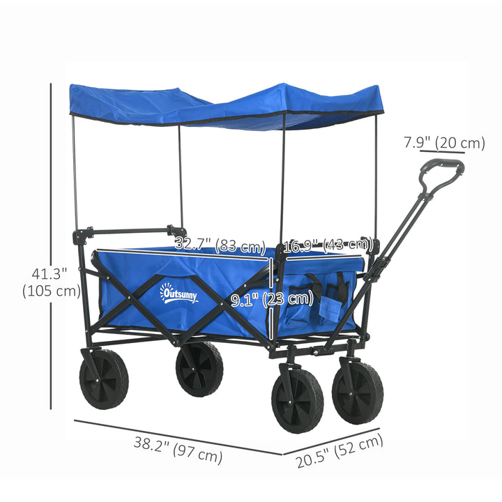 Outsunny Steel Frame Folding Garden Cart, Collapsible Wagon Cart with Removable Canopy, Telescopic Handle and Carrying Bag