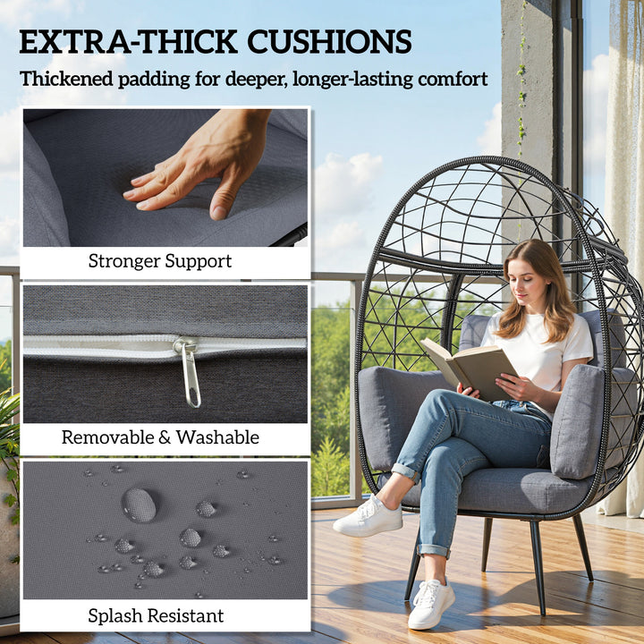 Outsunny Rattan Egg Chair, Indoor Outdoor Lounger with Cushions and Cup Holder for Backyard, Garden, Lawn, Living Room, Grey