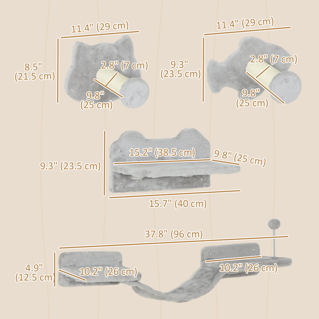 PawHut 4PCs Cat Wall Shelves with Steps, Scratching Posts, Ladder, Platforms, Toy Balls