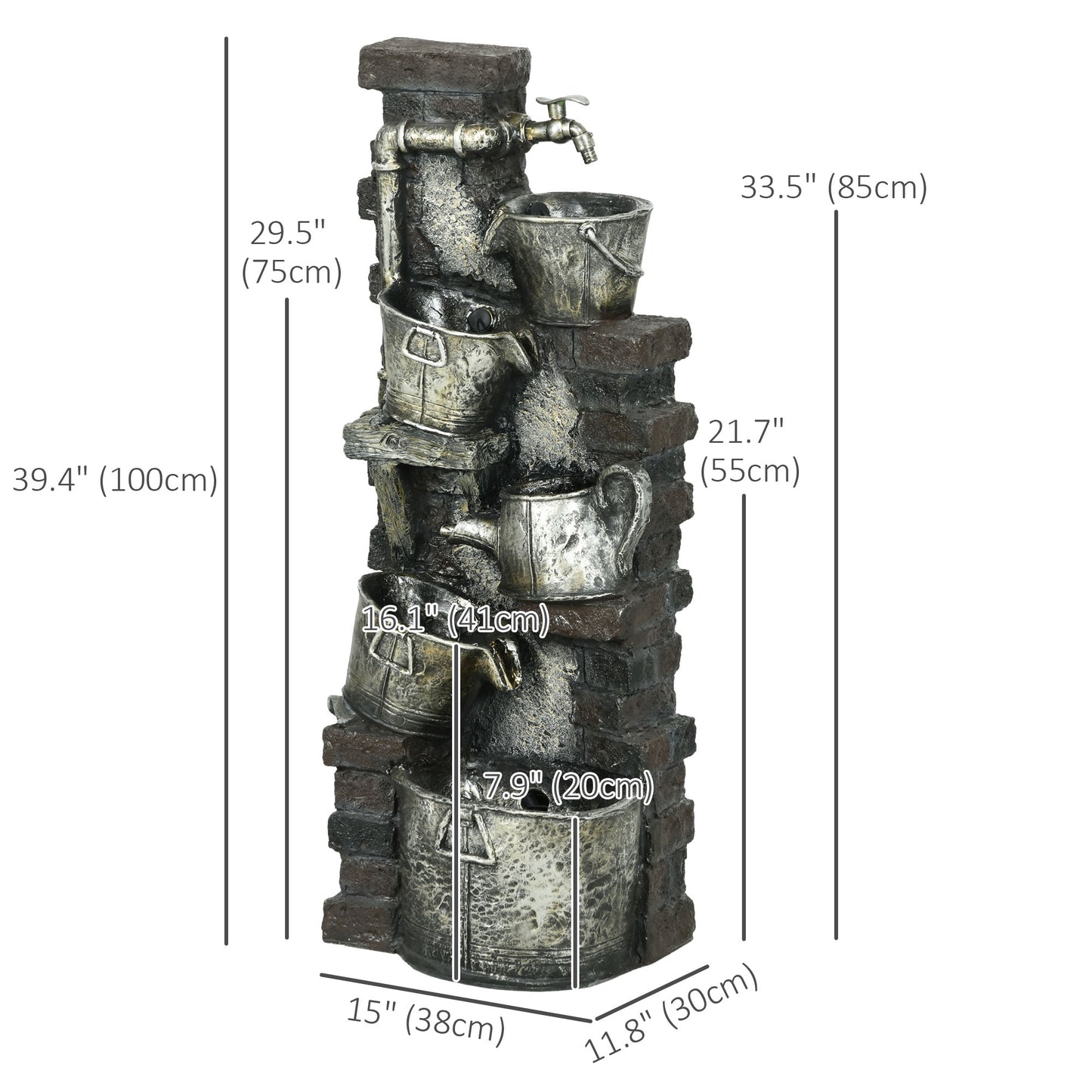 Outsunny 4-Tiered Outdoor Jar and Bowls Water Fountain with LED Lights, Adjustable Flow, 26.4-inch Resin Waterfall Fountain