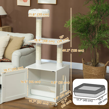 PawHut Cat Tree with Litter Box Enclosure, Sisal Covered Scratching Posts, Large Platform, Bed for Indoor Cats, White