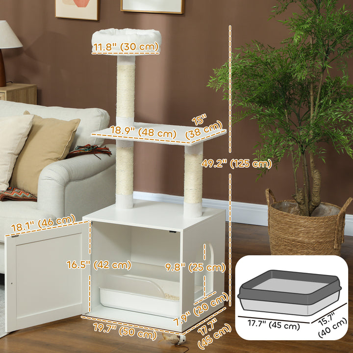 PawHut Cat Tree with Litter Box Enclosure, Sisal Covered Scratching Posts, Large Platform, Bed for Indoor Cats, White