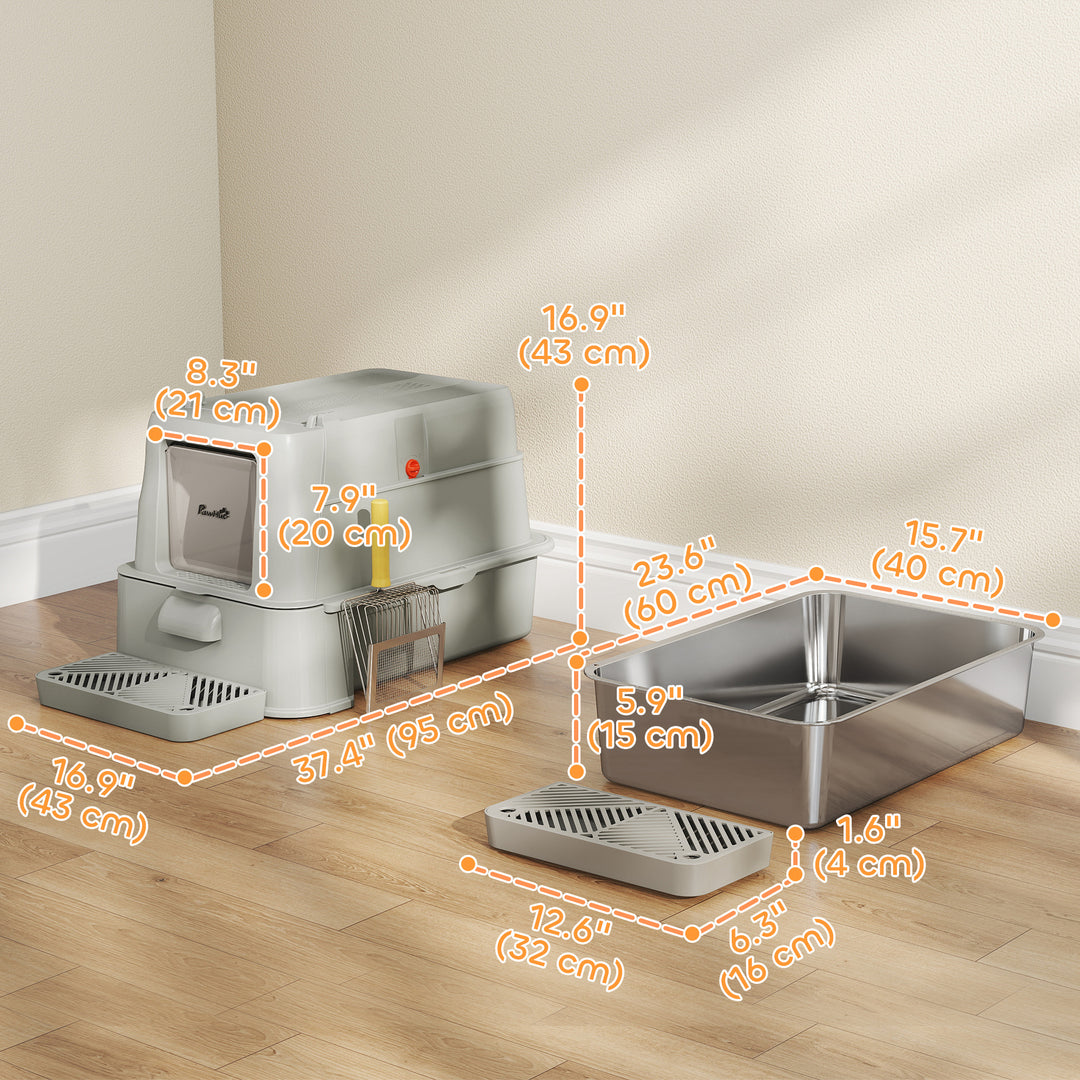 PawHut 80L XL Stainless Steel Cat Litter Box for Big Cats with Flip Cover, Pull-Out Drawer Tray, High Sided, Pedal, Light Grey