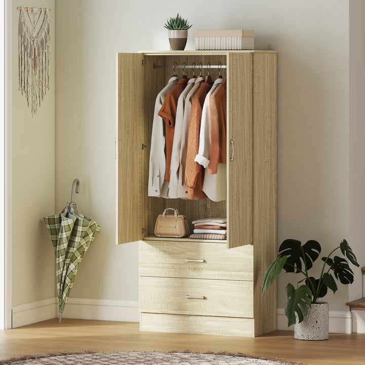 HOMCOM Wardrobe Closet Armoire with Hanging Rod and 2 Doors, Clothes Storage Organizer with 2 Drawers for Bedroom, Oak