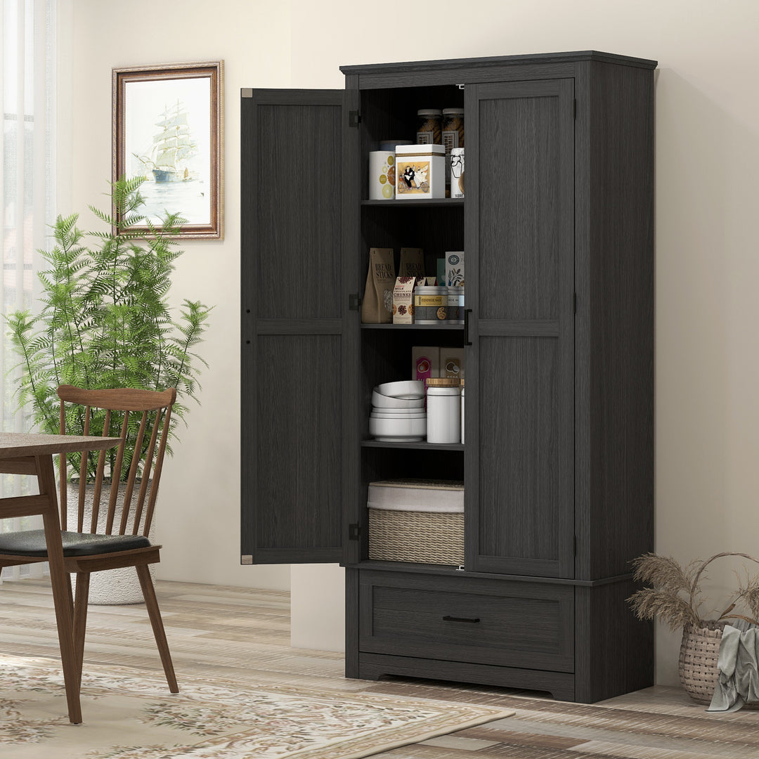 HOMCOM 69" Tall Farmhouse Kitchen Pantry Cabinet with 2 Doors, Drawer and Adjustable Shelves, Black Wood Grain