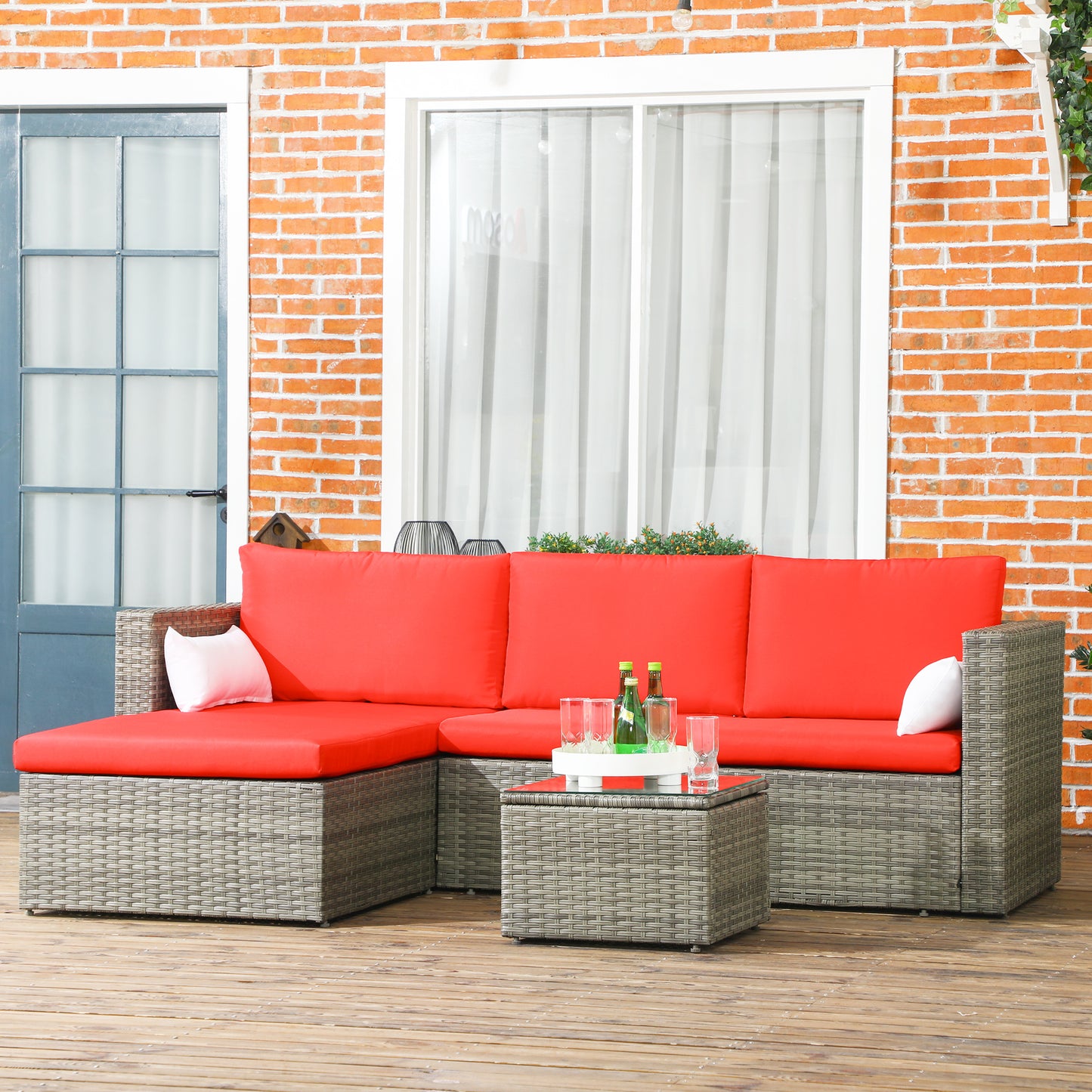 Outsunny 3-Piece Patio Furniture Set Modern Sectional Sofa Rattan Chair Wicker Conversation Set Outdoor Hand Woven Rattan Wicker Furniture Patio Coffee Table Sofa Set, Blue