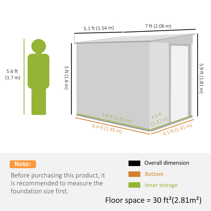 Outsunny 5x7 Garden Shed, Lean-to Metal Storage with Foundation, Sliding Door & 2 Vents for Garden Tools, White