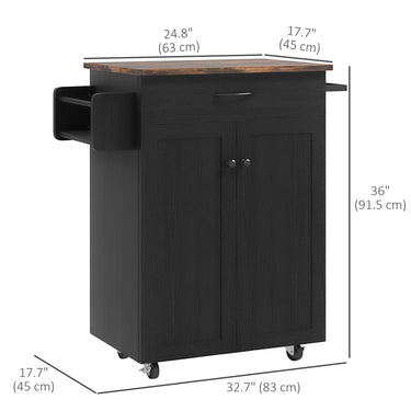 HOMCOM Modern Rolling Kitchen Island Cart with Drawer, Natural Wood Top, Towel Rack, Door Storage Cabinet, Distressed Black