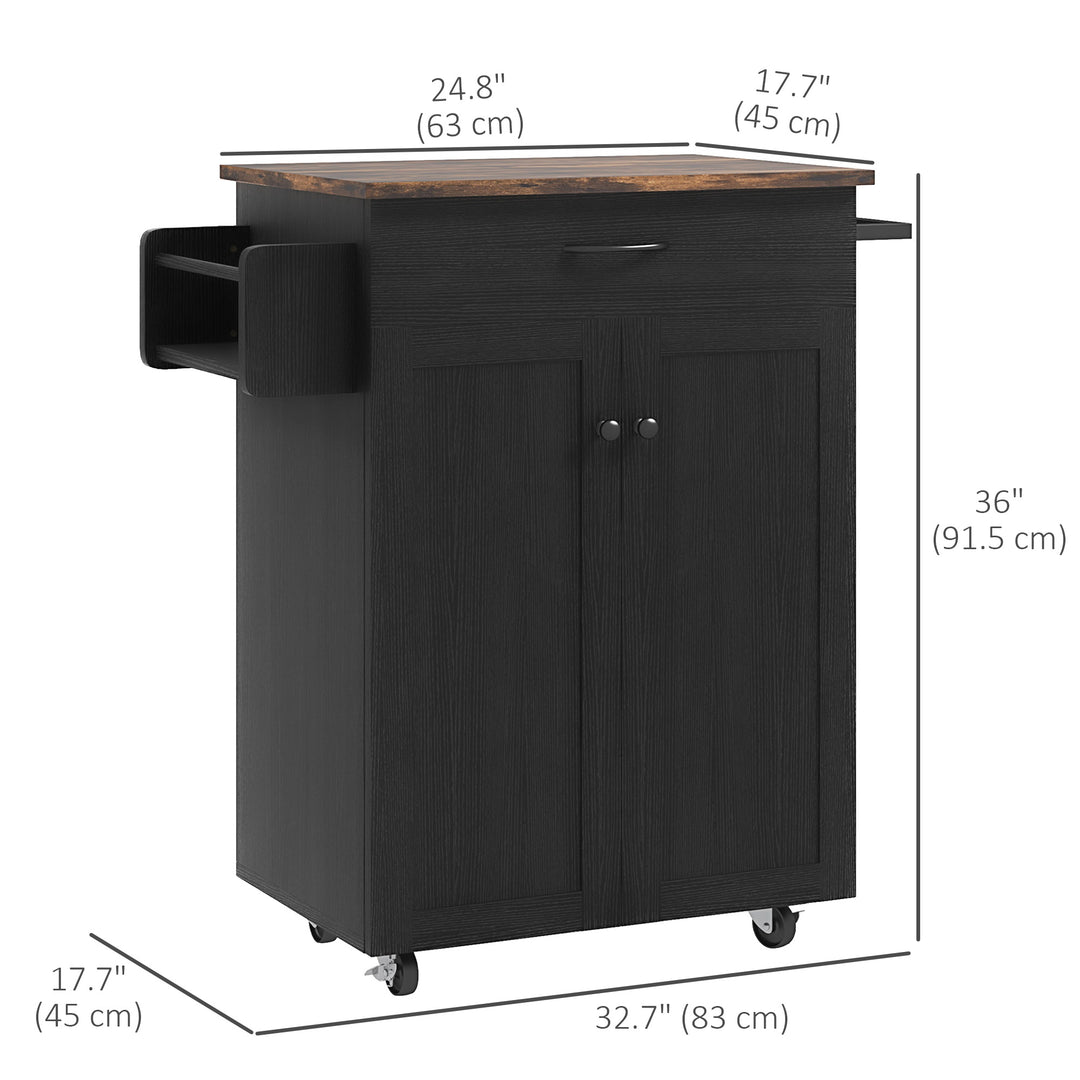 HOMCOM Modern Rolling Kitchen Island Cart with Drawer, Natural Wood Top, Towel Rack, Door Storage Cabinet, Distressed Black