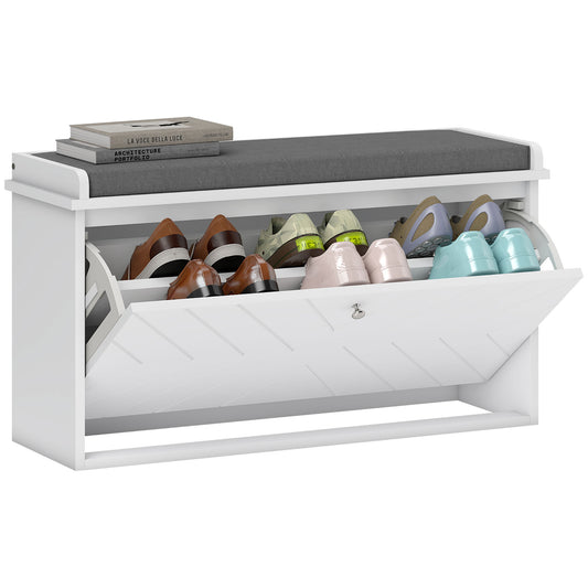 HOMCOM Shoe Storage with Seat, Upholstered Hallway Bench, Shoe Bench with Flip Drawer, Adjustable Shelf for 8 Pairs of Shoes