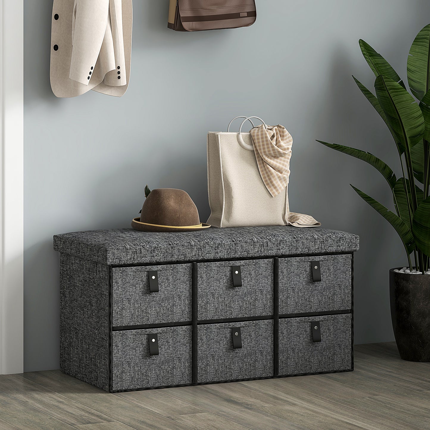 HOMCOM Shoe Bench with Seat, Shoe Storage Bench with Cushion and 6 Fabric Drawers for Entryway, Hallway, Bedroom, Charcoal Grey