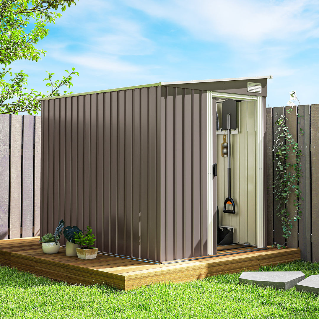 Outsunny 5x7 Garden Shed, Lean-to Metal Storage with Foundation, Sliding Door & 2 Vents for Garden Tools, White