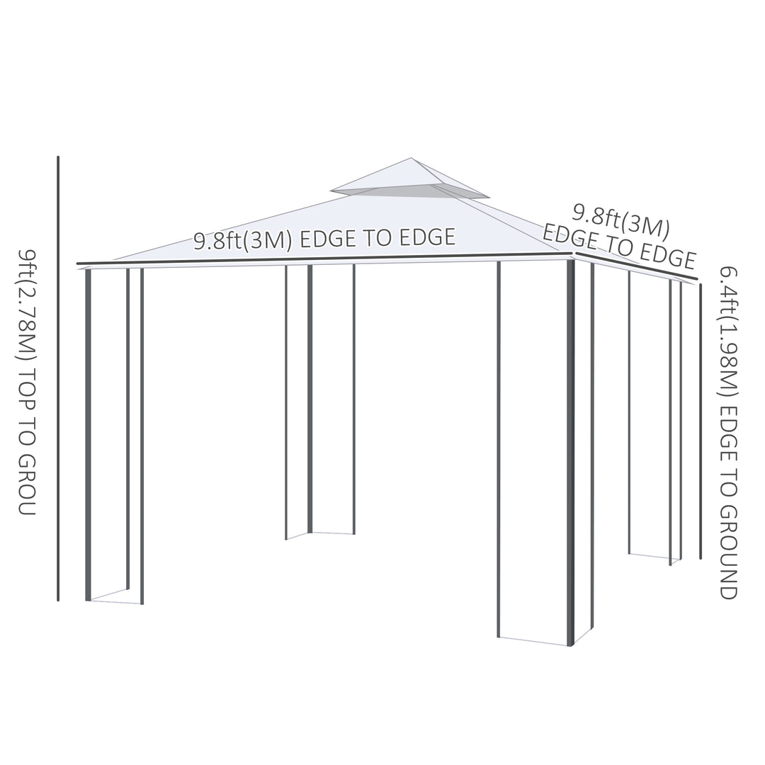 Outsunny 10' x 10' Steel Outdoor Patio Gazebo Canopy with Removable Mesh Curtains, Display Shelves, & Steel Frame, Grey