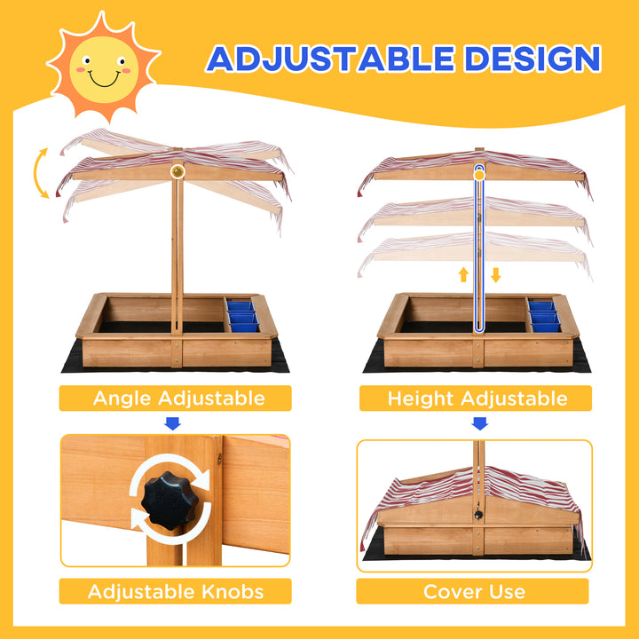 Outsunny Kids Wooden Sandbox, Children Play Sand Station Outdoor with Adjustable Height Cover Lid, Bottom Liner, Seat, Plastic Basins, for 3-7 Years Old Boys and Girls