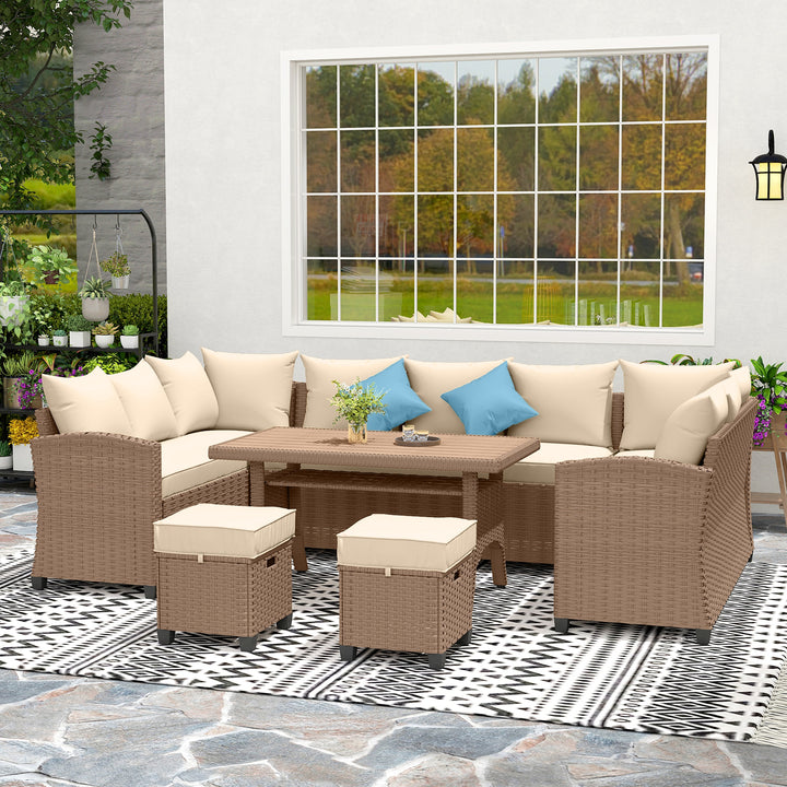Outsunny 6 Pieces Patio Furniture Set, Outdoor Wicker Sofa Set, All Weather PE Rattan Conversation Furniture, with Strip Wood Grain Plastic Coffee Table & Cushions, Khaki