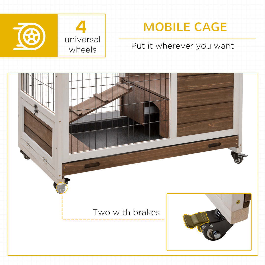 PawHut Wooden Indoor Rabbit Hutch Elevated Bunny Cage Habitat with Enclosed Run with Wheels, Suitable for Rabbits and Guinea Pigs, Grey