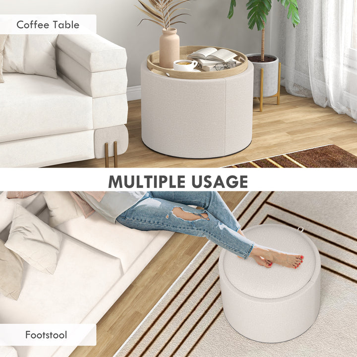 HOMCOM Round Coffee Table, End Table with Hidden Storage and Tray Top, Linen Upholstered Footrest for Living Room
