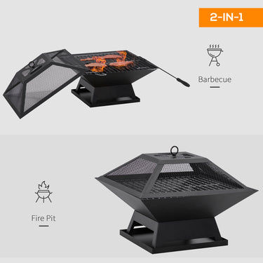Outsunny Wood Burning Portable Fire Pit, Outdoor Firepit with Cooking BBQ Grill, Spark Screen, Poker for Backyard, Black
