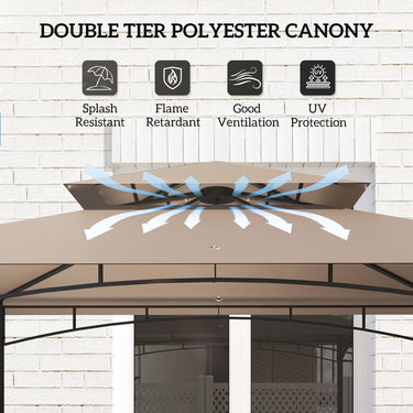 Outsunny 8' x 5' Grill Gazebo, Double Tiered Barbecue Grill Gazebo Shelter with Side Awning, 2 Side Shelves, 6 Hooks, Khaki