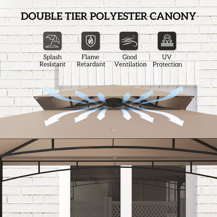 Outsunny 8' x 5' Grill Gazebo, Double Tiered Barbecue Grill Gazebo Shelter with Side Awning, 2 Side Shelves, 6 Hooks, Khaki