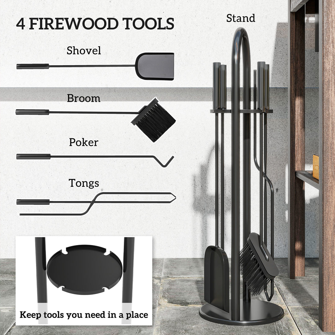 Outsunny Fireplace Tools Set, 5 Pieces Fireside Accessories with Brush, Shovel, Poker, A Pair of Tongs, Stand, Black