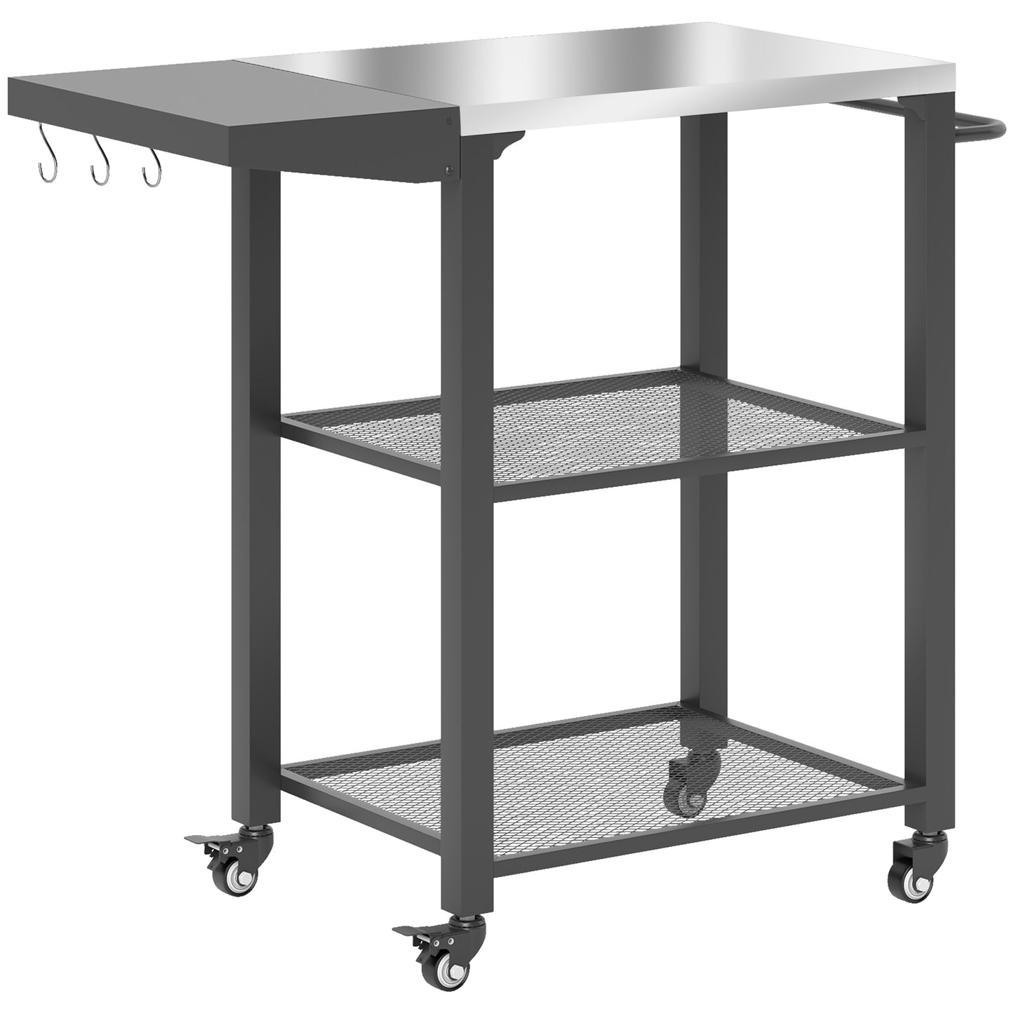Outsunny 3-Shelf Outdoor Grill Cart Table with Foldable Side Table and Stainless Steel Table Top, Pizza Oven Stand on Wheels
