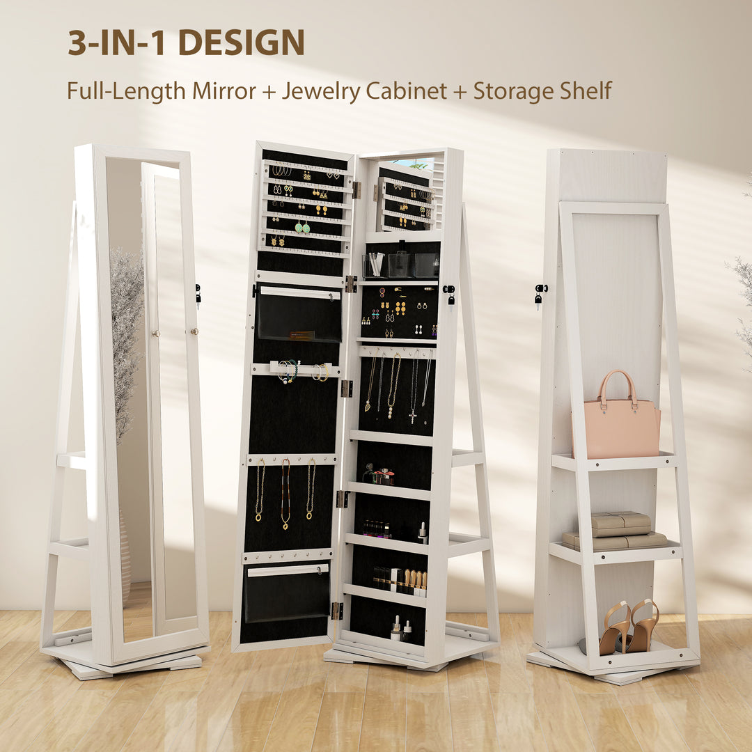 HOMCOM 360° Swivel Jewelry Armoire, Lockable Mirror Jewelry Cabinet with Built-In Small Mirror, White