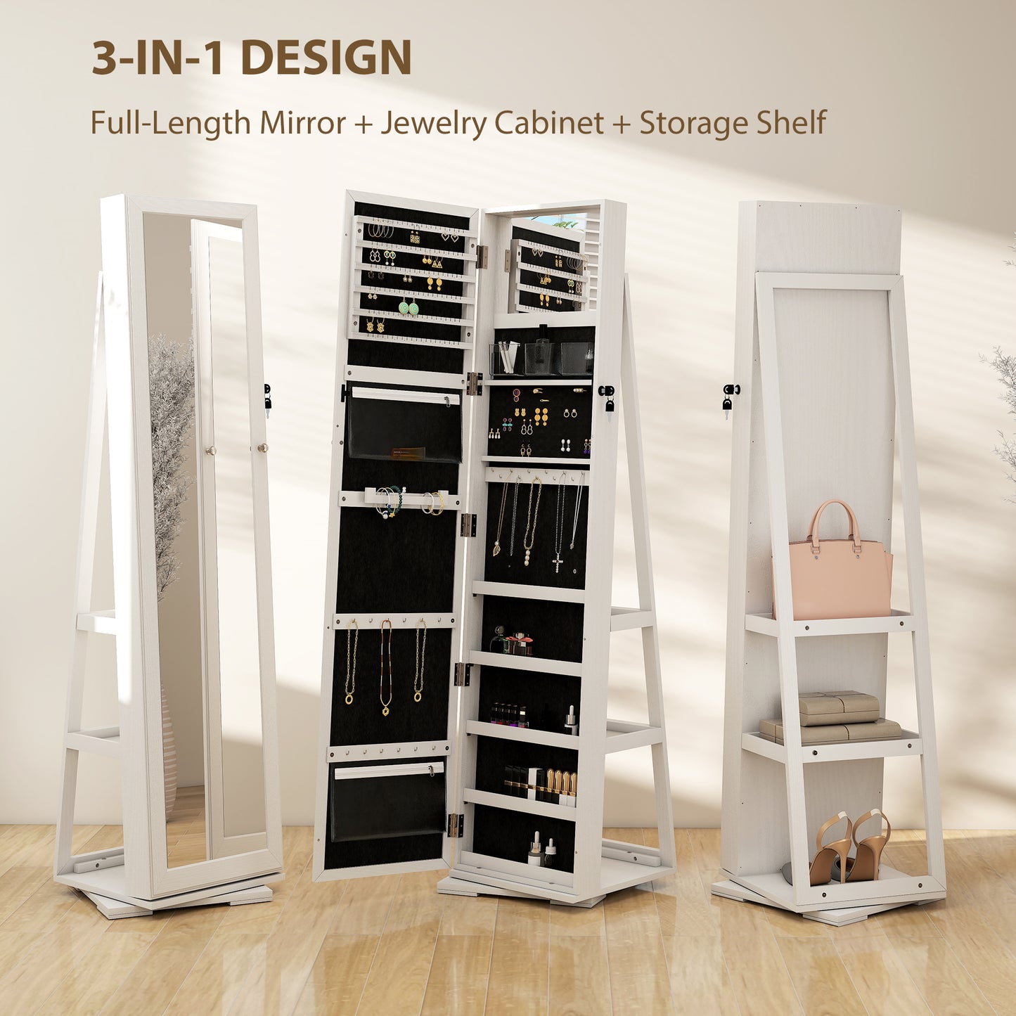 HOMCOM 360Â° Swivel Jewelry Armoire, Lockable Mirror Jewelry Cabinet with Built-In Small Mirror, White