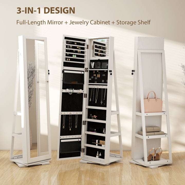 HOMCOM 360° Swivel Jewelry Armoire, Lockable Mirror Jewelry Cabinet with Built-In Small Mirror, White