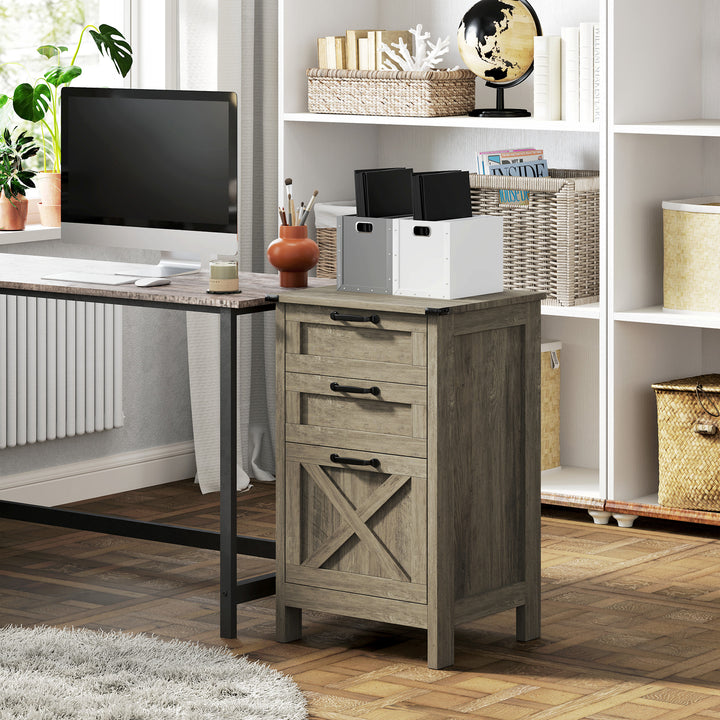 HOMCOM Vertical Filing Cabinet with 3 Drawers, Rustic Farmhouse Office Storage Cabinet for A4, Letter Size, Stone Grey