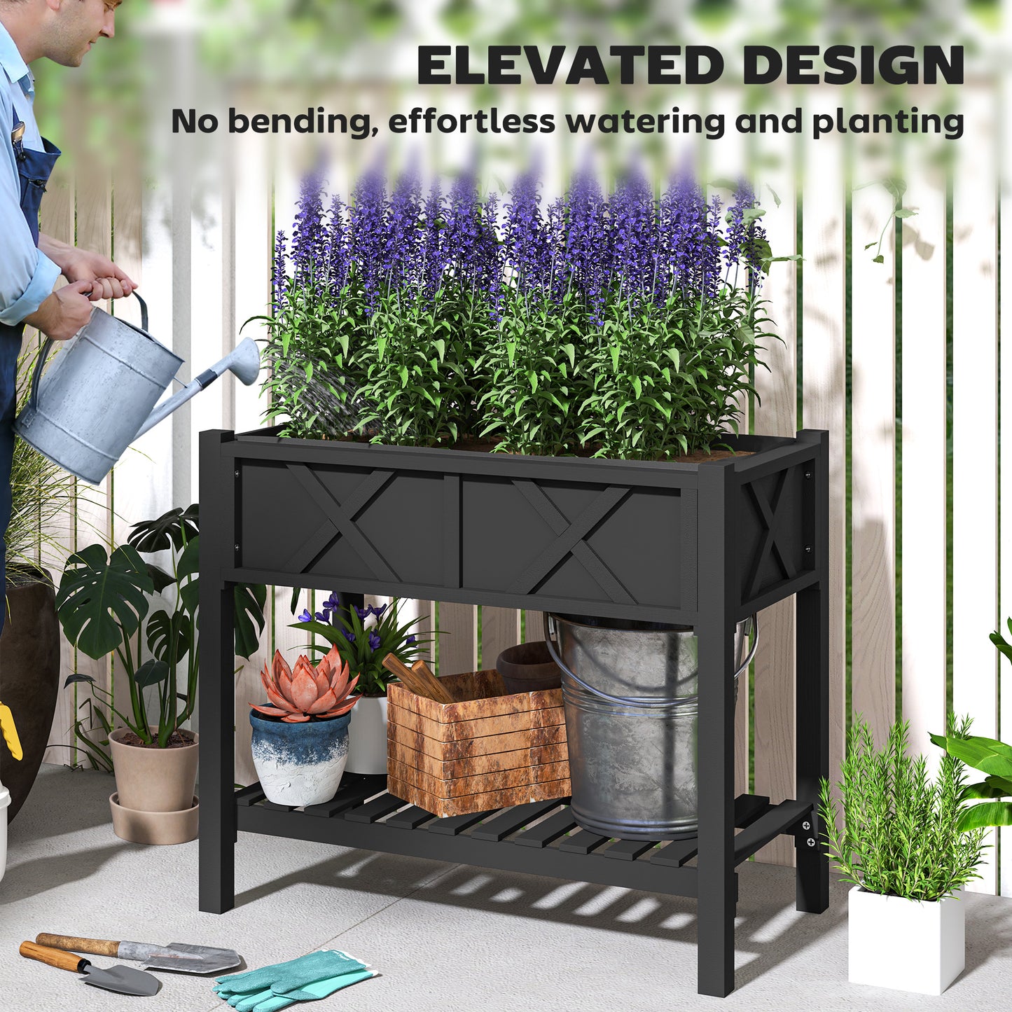 Outsunny Wooden Raised Garden Bed, Elevated Planter Box with Storage Shelf, Drainage Holes and Liner, 34" x 18" x 30", Black