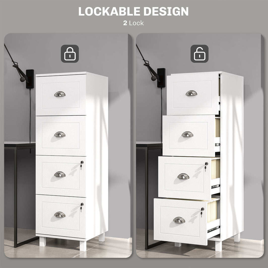 HOMCOM 4 Drawer File Cabinet with Lock, Office Filing Cabinet, A4 Letter Size, Hanging File Folders, White