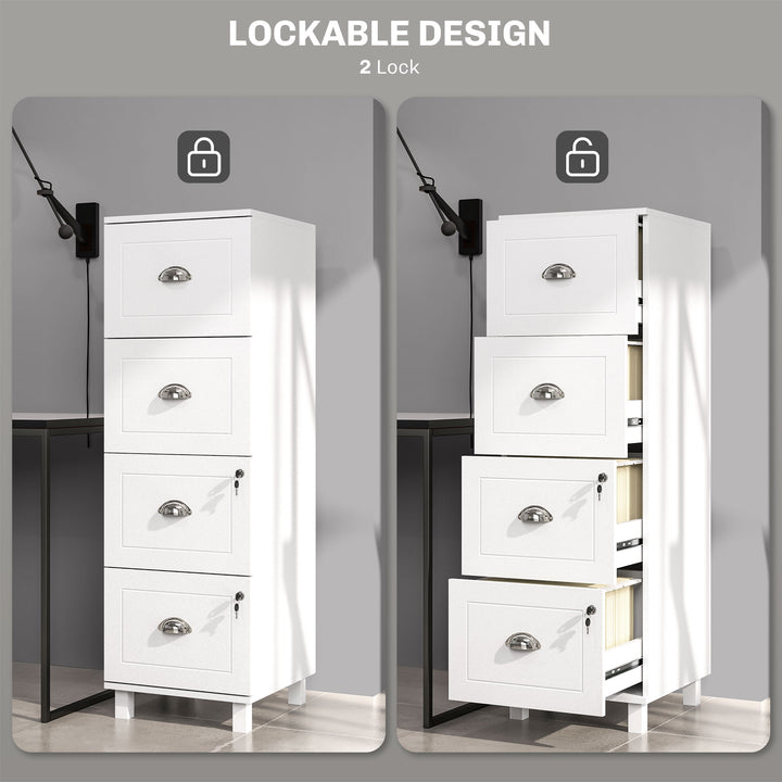 HOMCOM 4 Drawer File Cabinet with Lock, Office Filing Cabinet, A4 Letter Size, Hanging File Folders, White