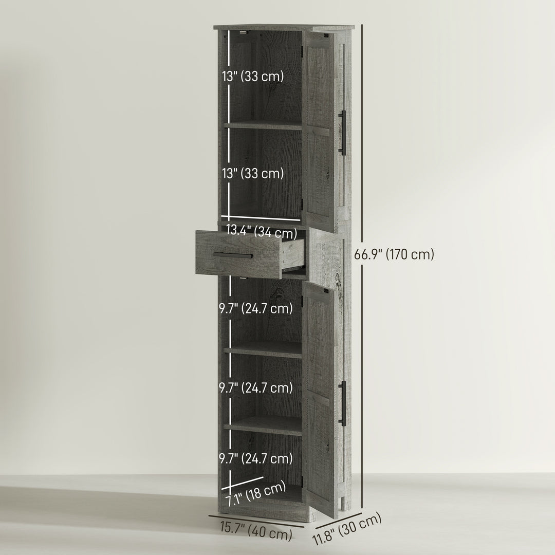 HOMCOM 67" Tall Bathroom Cabinet, Narrow Bathroom Storage Cabinet with Drawer, Barn Doors and Adjustable Shelves, Black