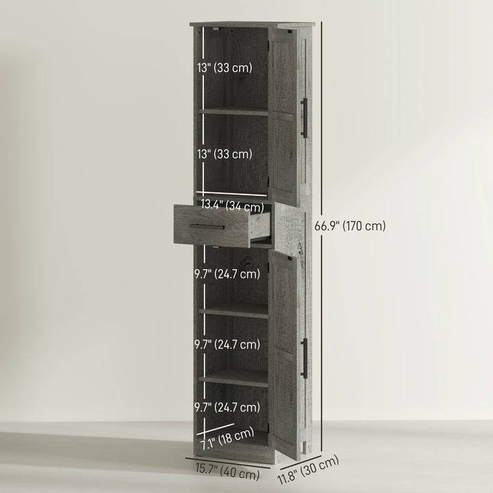 HOMCOM 67" Tall Bathroom Cabinet, Narrow Bathroom Storage Cabinet with Drawer, Barn Doors and Adjustable Shelves, Black