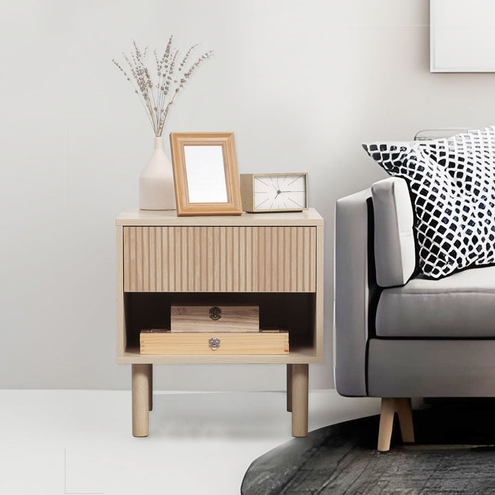 HOMCOM Set of 2 Bedroom Nightstands, Side Table with Storage Shelf and Drawer for Living Room, Bedroom, Natural Wood