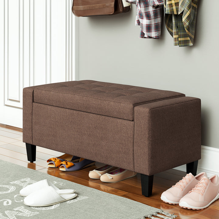 HOMCOM Storage Ottoman Bench, Linen Upholstered Bench with Tufted Design, Brown