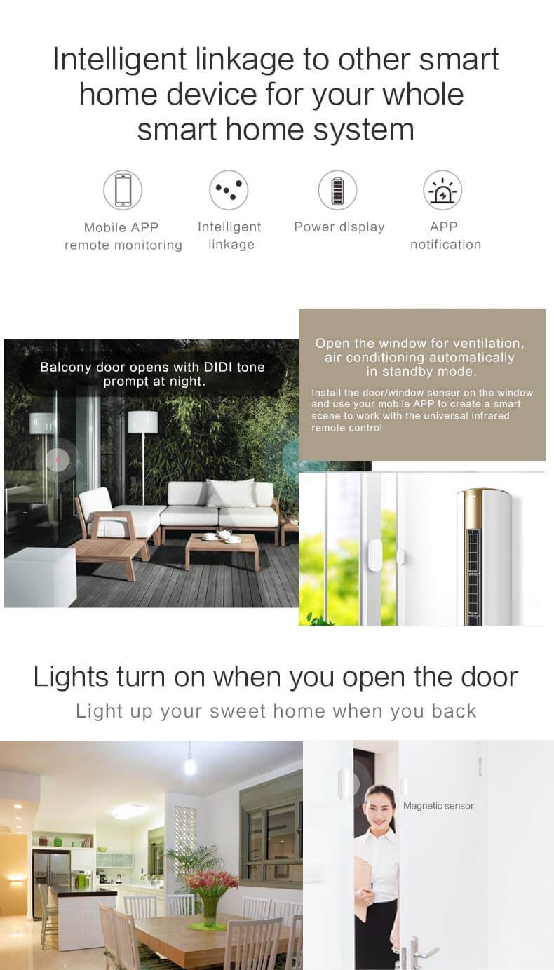 ZigBee Door and Window Contact Sensor, Wireless Smart Home Security Device, White, Battery-Powered in a smart home setup.