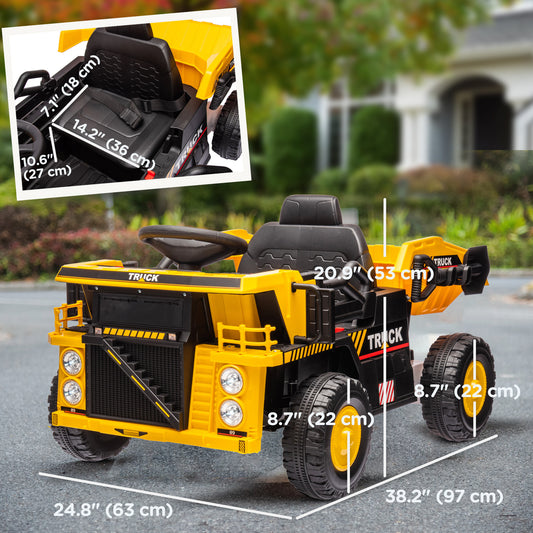 Qaba 12V Kids Ride On Dump Truck Construction Vehicle w/ Electric Dump Bed, Shovel, Spring Suspension Wheels