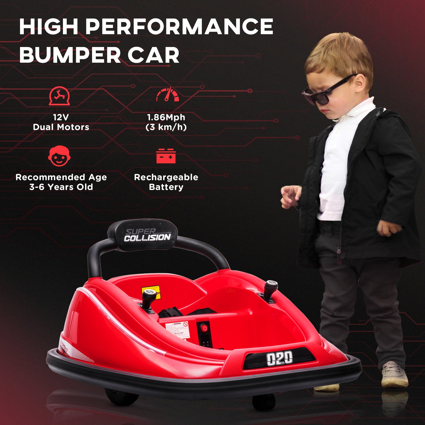 Aosom 12V Kids Bumper Car, 360Â° Rotation Electric Ride On Car, Twins Motor Battery Powered Toy, w/ Parent Remote Control, Safety Belt, Colorful LED Lights,, Red