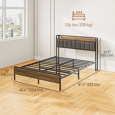 HOMCOM Queen Size Bed Frame with Charging Station, Queen Bed Frame with Upholstered Headboard and Storage Shelf, Walnut